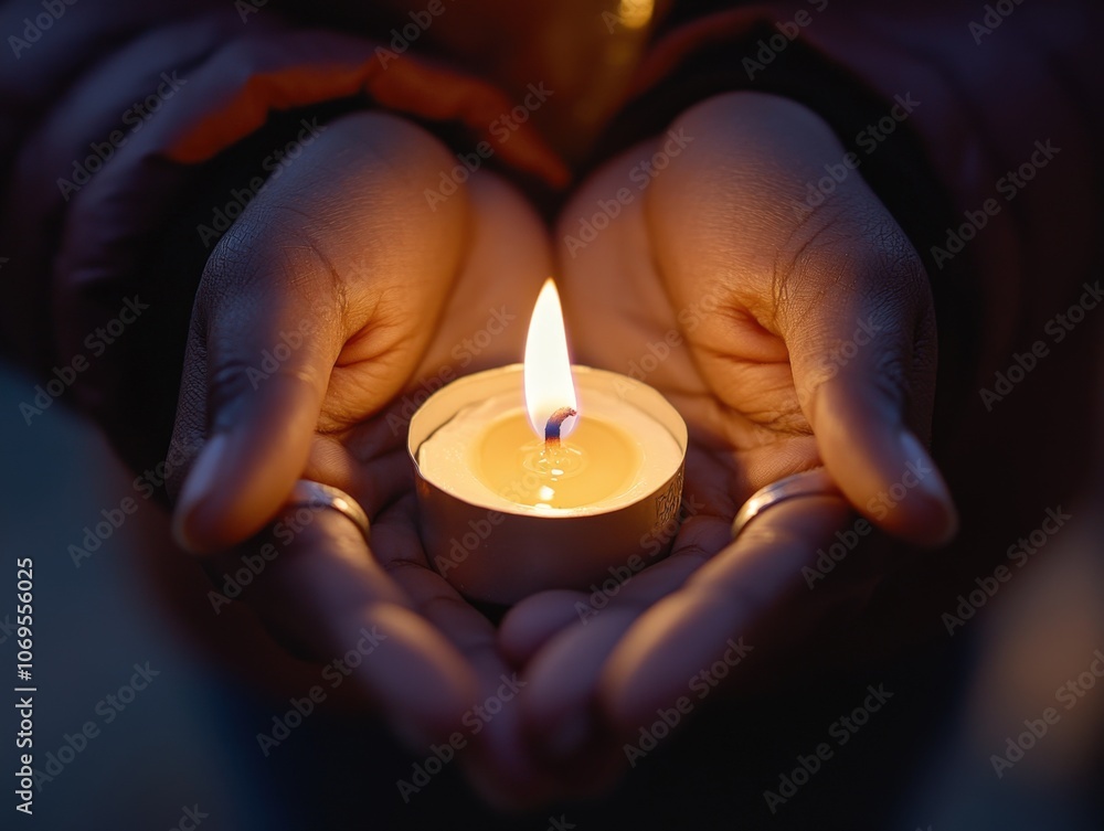Hands Holding a Lit Candle in Darkness Hands Holding a Lit Candle in Darkness