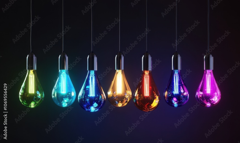 Colorful hanging light bulbs illuminating a dark background in a creative design setting Colorful hanging light bulbs illuminating a dark background in a creative design setting