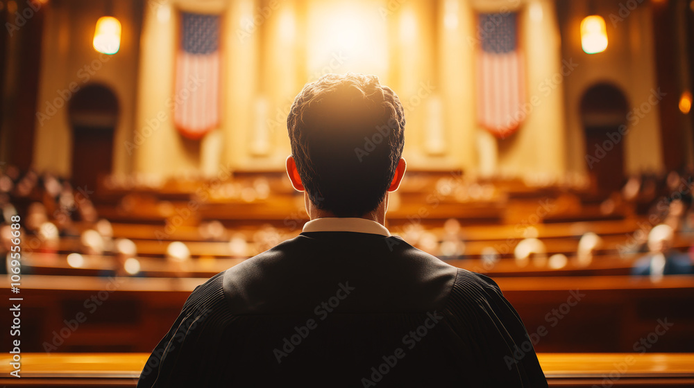 A man in a black robe stands facing a crowd of people in a large room. The American flag hangs in the background. A man in a black robe stands facing a crowd of people in a large room. The American flag hangs in the background.