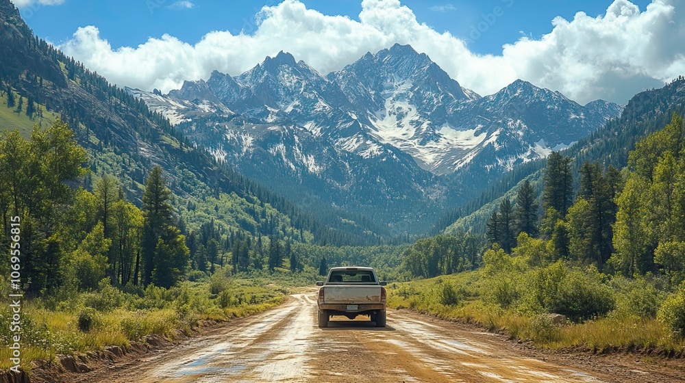 A pickup truck with a snorkel, driving on a scenic road surrounded by mountains and trees. A pickup truck with a snorkel, driving on a scenic road surrounded by mountains and trees.
