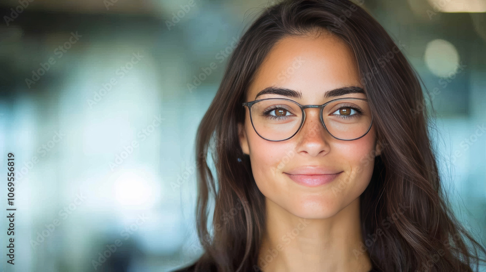 Young woman with glasses smiling gently at the camera. Young woman with glasses smiling gently at the camera.