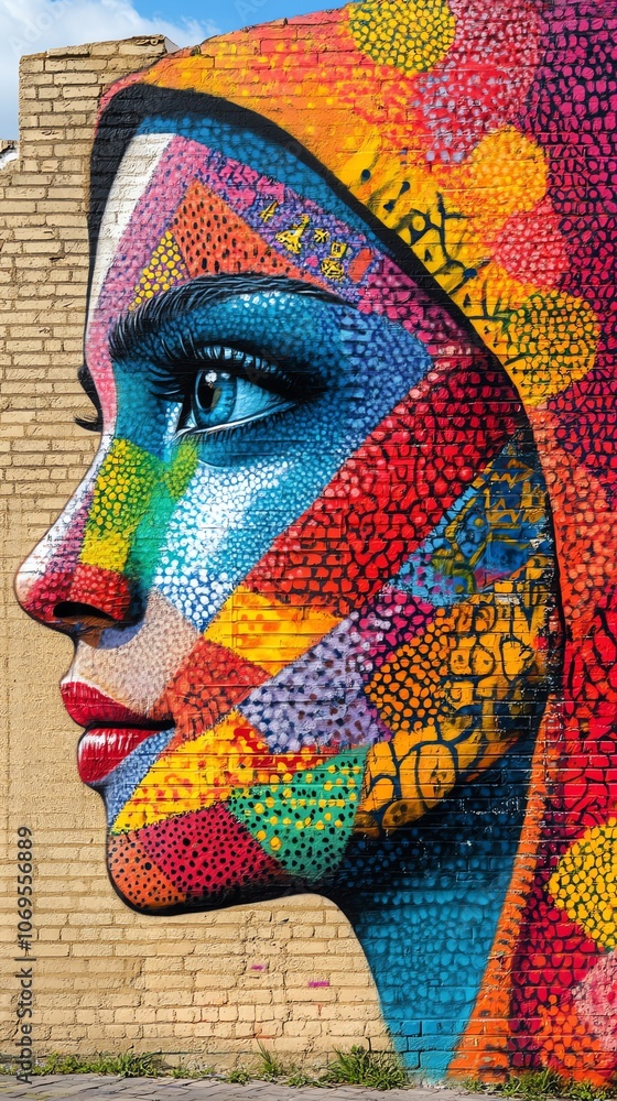 Obraz premium A colorful mural of a woman's face on a brick wall.