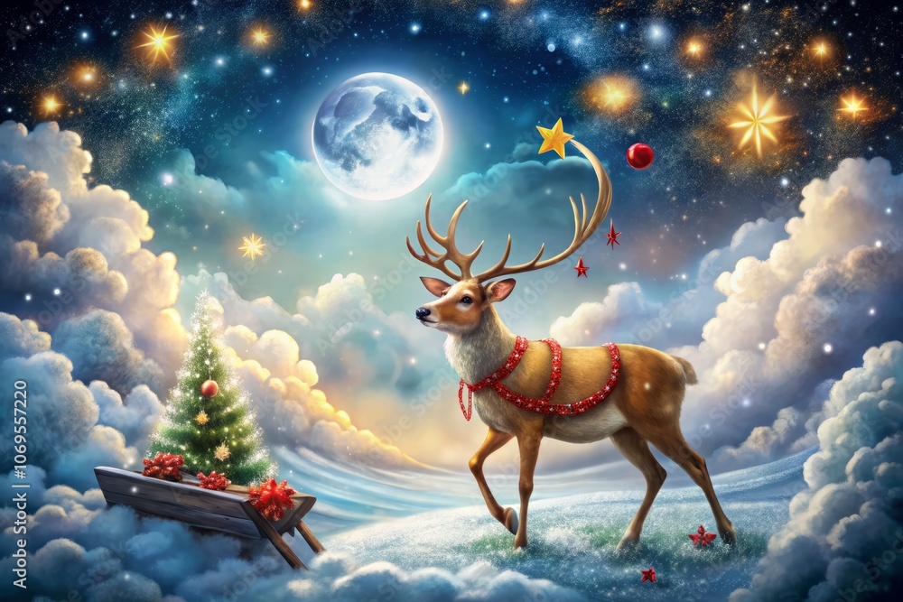Whimsical Reindeer with a Bright Red Nose Leading a Sleigh Through a Starry Night Sky, Capturing the Holiday Spirit in a Joyful and Enchanting Atmosphere Whimsical Reindeer with a Bright Red Nose Leading a Sleigh Through a Starry Night Sky, Capturing the Holiday Spirit in a Joyful and Enchanting Atmosphere