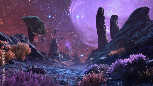 An alien landscape with purple flora, large rock formations, and a glowing nebula photo