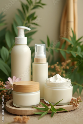 Close-up shots of organic skincare products with eco-friendly packaging, surrounded by natural elements like leaves, flowers, or bamboo.