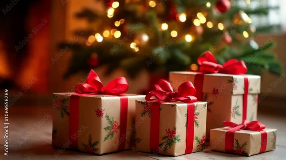 Serene 4K Christmas Scene with Wrapped Gift Boxes Near a Decorated Fir Tree and Cozy Fireplace Serene 4K Christmas Scene with Wrapped Gift Boxes Near a Decorated Fir Tree and Cozy Fireplace