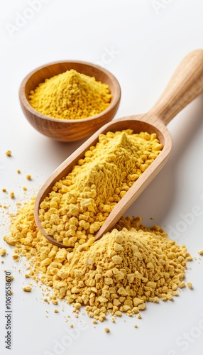 Yellow lentil flour in wooden bowls and scoop on white background