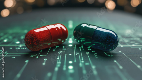 Red and blue pills on a circuit board, representing the future of medicine. photo