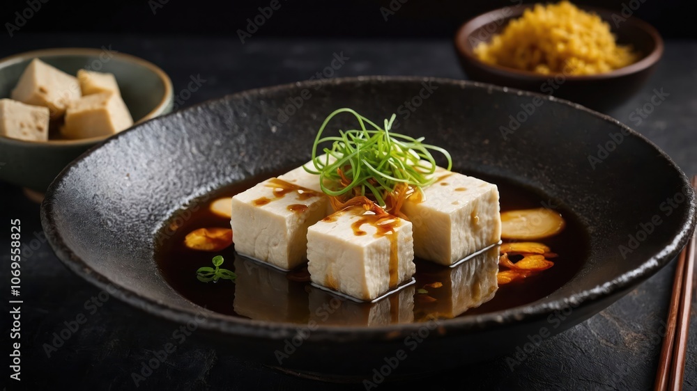 A dish of tofu served in soy sauce with green onions, accompanied by rice. A dish of tofu served in soy sauce with green onions, accompanied by rice.