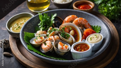 A beautifully arranged seafood platter featuring shrimp, clams, and dipping sauces.