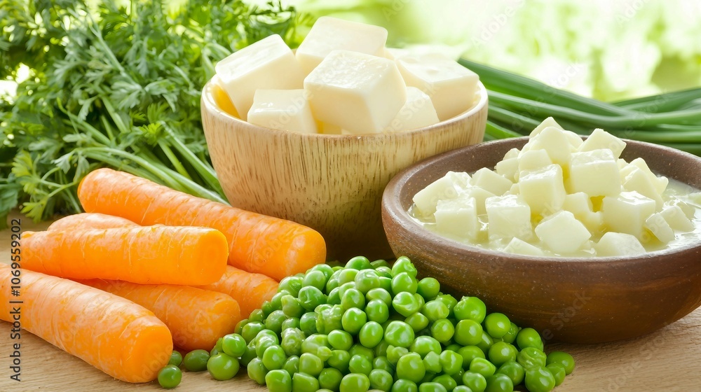 Fresh Vegetables and Butter Cubes in Beautiful Bowls Fresh Vegetables and Butter Cubes in Beautiful Bowls