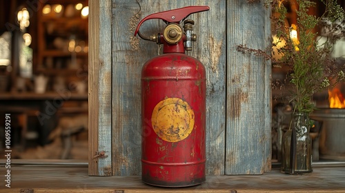 A red fire extinguisher is isolated on a wall indoors, serving as a key personal fire protection tool, perfect for safety templates or informative home fire protection guides.