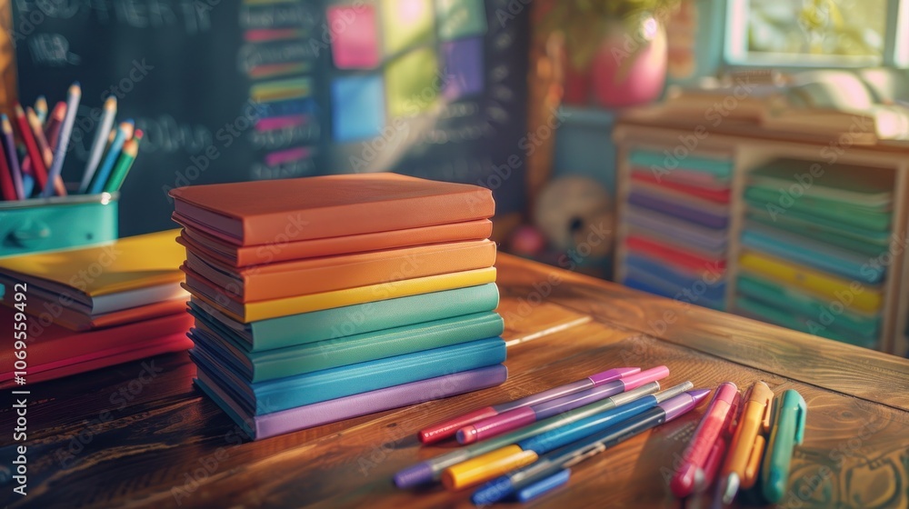 Colorful Books and Pens on Wooden Table Colorful Books and Pens on Wooden Table