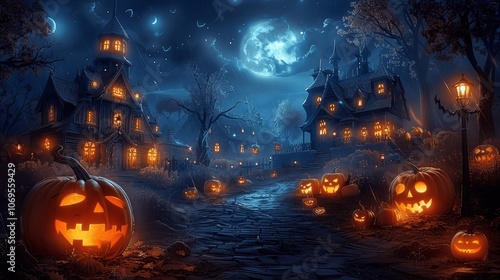 Halloween night digital art with pumpkins and haunted house in spooky village