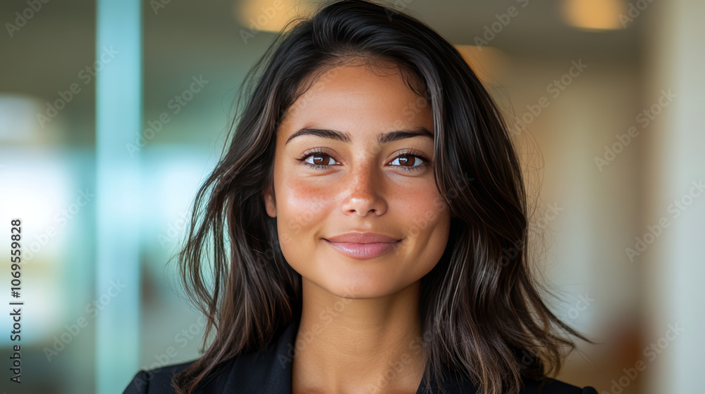 Smiling woman with long dark hair and brown eyes. Smiling woman with long dark hair and brown eyes.