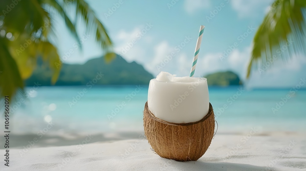 Refreshing coconut water served in a fresh coconut shell with a straw set against a backdrop of a tranquil tropical beach with swaying palm trees crystal clear ocean Refreshing coconut water served in a fresh coconut shell with a straw set against a backdrop of a tranquil tropical beach with swaying palm trees crystal clear ocean