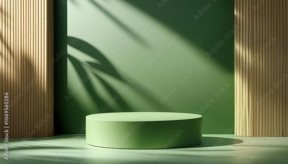 3d rendering green podium platform for social media cosmetic product showcase on geometric cylinder shapes and wooden background in natural sunlight with palm leaf. Christmas holiday 3d rendering green podium platform for social media cosmetic product showcase on geometric cylinder shapes and wooden background in natural sunlight with palm leaf. Christmas holiday