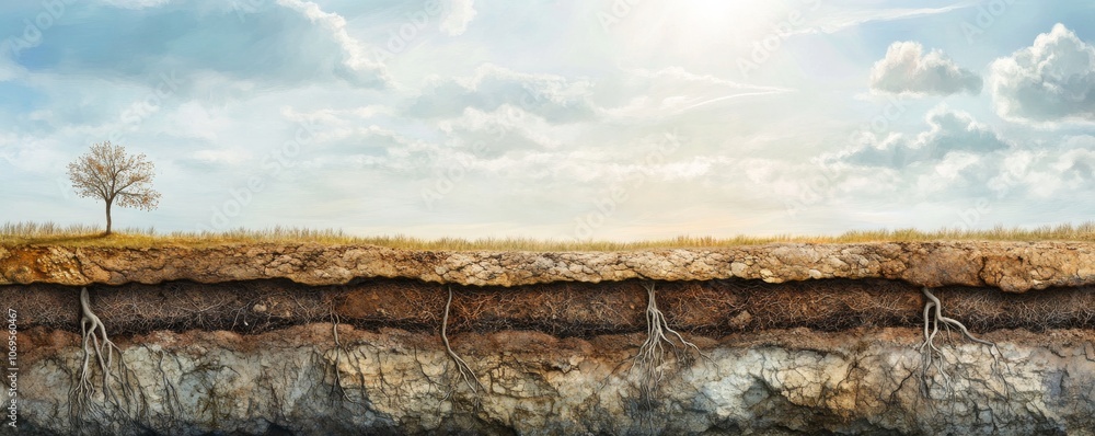 Lonely tree above ground with visible roots, serene landscape. Nature and environment concept