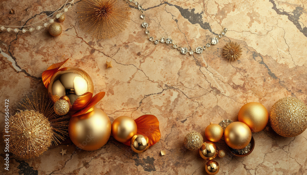Elegant marble surface adorned with gold and decorative balls, creating luxurious festive atmosphere. Perfect for holiday themes and celebrations Elegant marble surface adorned with gold and decorative balls, creating luxurious festive atmosphere. Perfect for holiday themes and celebrations