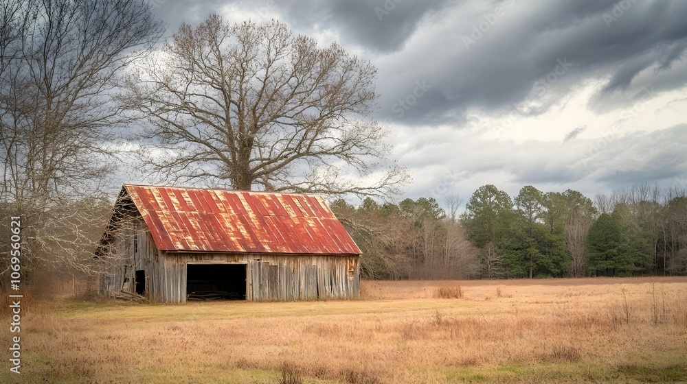 Rustic Weathered Barn Surrounded by Open Meadow and Rolling Hills Under Dramatic Cloudy Autumn Sky Rustic Weathered Barn Surrounded by Open Meadow and Rolling Hills Under Dramatic Cloudy Autumn Sky
