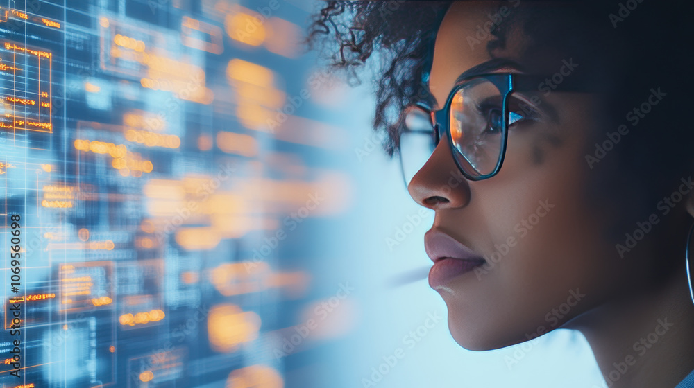 A young woman with curly hair gazes intently at a screen filled with lines of code. A young woman with curly hair gazes intently at a screen filled with lines of code.