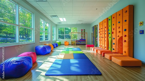 A sensory gym space designed for children's rehabilitation helps them build strength and coordination while addressing sensory integration disorders.