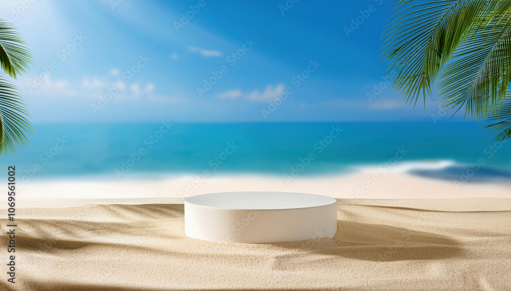 3d rendering white podium platform for social media cosmetic product showcase. Geometric cylinder shapes on sand beach with tropical palm leaf in natural sunlight and blue sky for sea concept 3d rendering white podium platform for social media cosmetic product showcase. Geometric cylinder shapes on sand beach with tropical palm leaf in natural sunlight and blue sky for sea concept