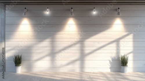 Whitewashed wood panel wall with sleek track lights casting soft linear shadows in rustic decor. AI generated