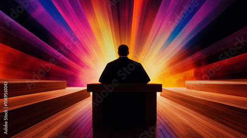 Silhouette of a judge sitting on a wooden dais with a colorful abstract background.