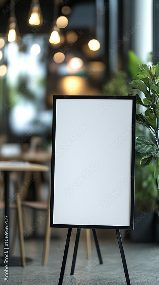 Blank white board on tripod stand in cozy cafe interior, soft bokeh lights in background, green plant leaf visible, inviting ambiance for creativity. Blank white board on tripod stand in cozy cafe interior, soft bokeh lights in background, green plant leaf visible, inviting ambiance for creativity.