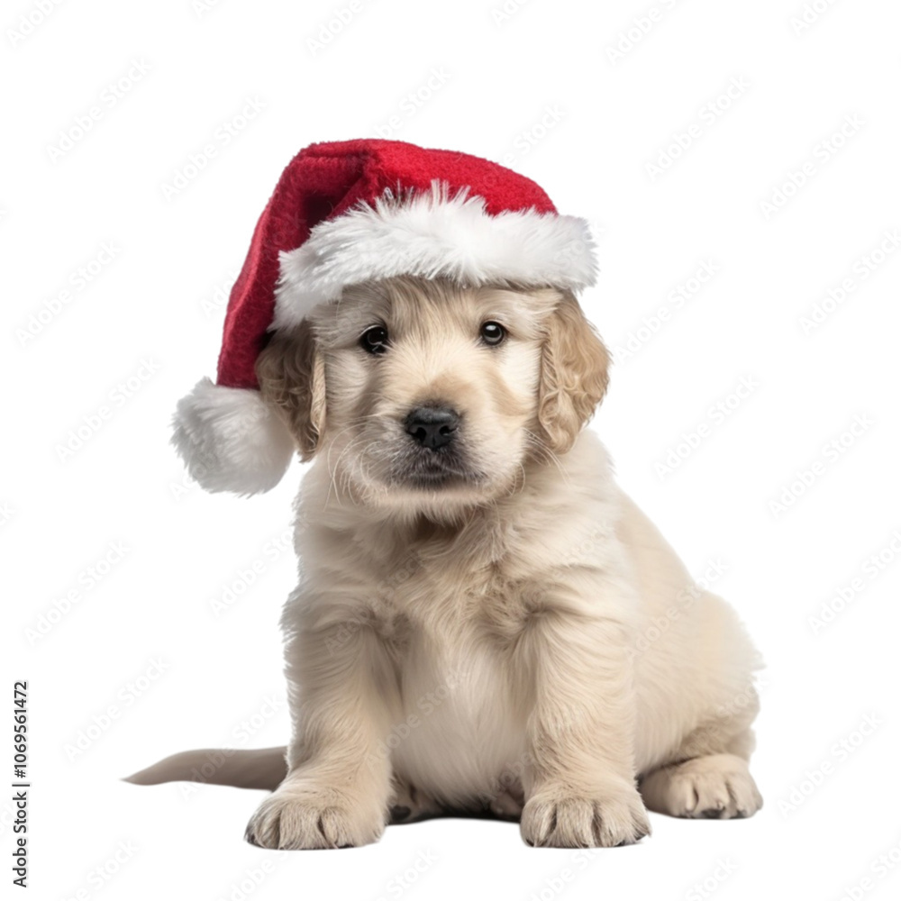 Golden retriever puppy wearing a Christmas Santa hat, isolated on white background Golden retriever puppy wearing a Christmas Santa hat, isolated on white background
