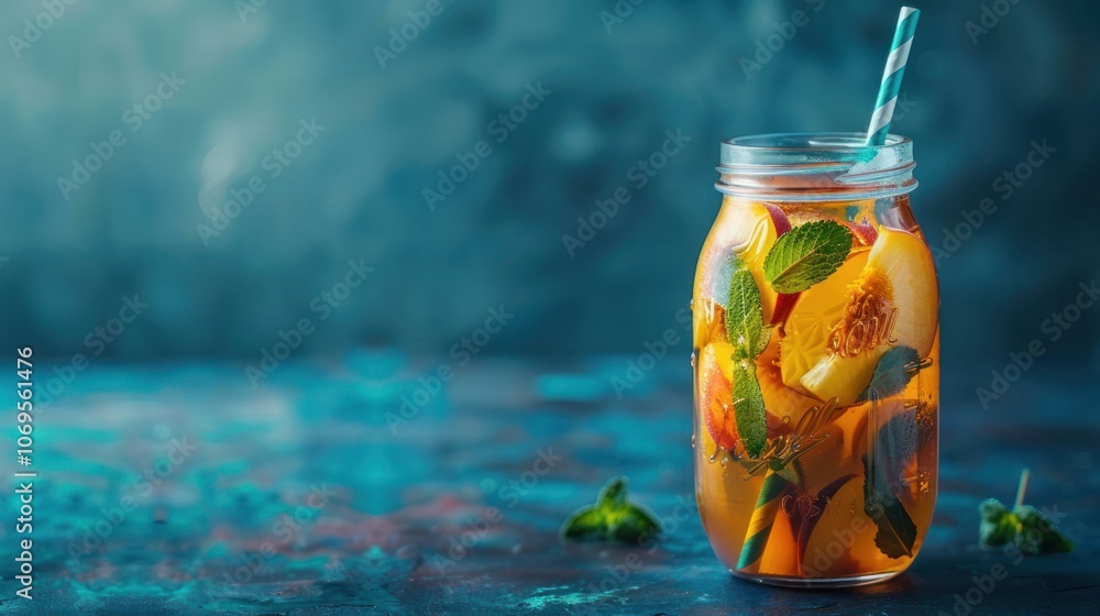 Jar of fresh peach tea on a ceramic table, AI generated image Jar of fresh peach tea on a ceramic table, AI generated image