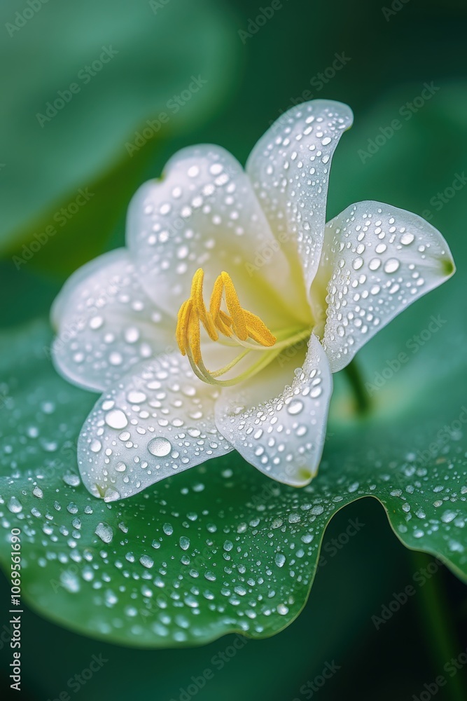 Fototapeta premium Delicate white flower with droplets on lush green leaves in a tranquil setting