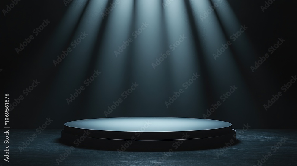 A Circular Podium Illuminated by Spotlights in a Dark Setting A Circular Podium Illuminated by Spotlights in a Dark Setting