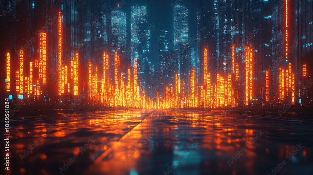 Fototapeta premium A futuristic cityscape with glowing orange and blue lights. The street is empty and the city is in the background.