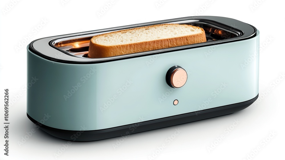 A sleek blue toaster with bread inside is isolated on a white background, complete with a clipping path. A sleek blue toaster with bread inside is isolated on a white background, complete with a clipping path.