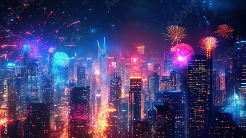 Wallpaper Mural Happy New Year 2025 written in bright neon lights, cityscape background, urban and modern style Torontodigital.ca