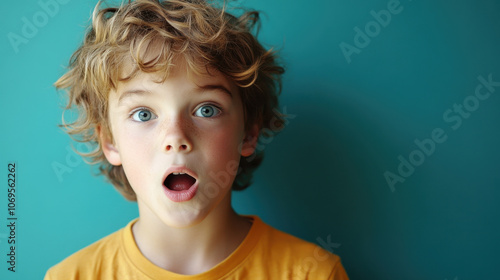 Surprised 10 year old child with curly hair expressing amazement against teal background. childs wide eyes and open mouth convey sense of wonder and excitement photo