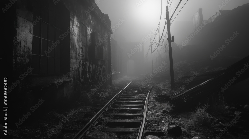Naklejka premium Foggy Abandoned Railroad Tracks in Ruins