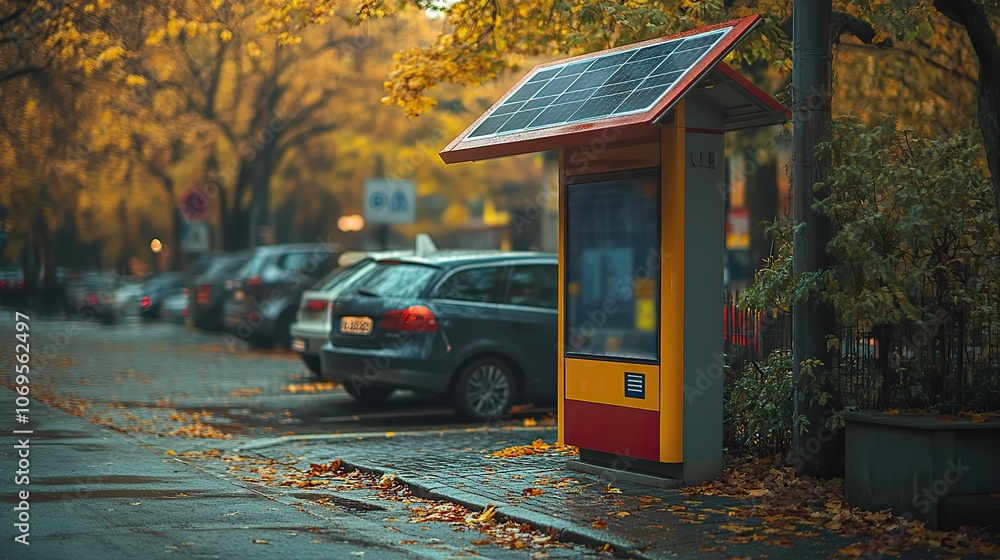 Obraz premium A small solar panel is positioned atop a parking payment terminal, illustrating eco-friendly technology in everyday use.
