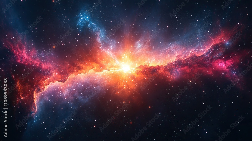 Fototapeta premium A space-themed background features a realistic cosmic view, complete with a starry nebula and shining stars in a colorful galaxy.