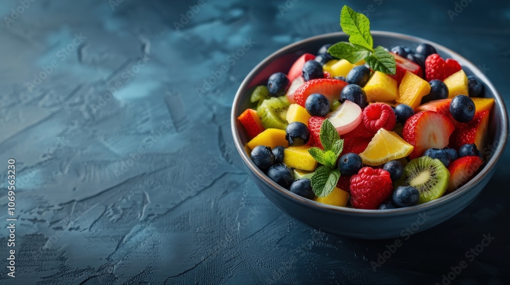 Fresh fruit salad on dark blue ceramic table with copy space, AI generated image Fresh fruit salad on dark blue ceramic table with copy space, AI generated image