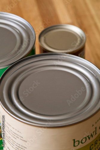 Tops of cans of sauce on a wooden table. 