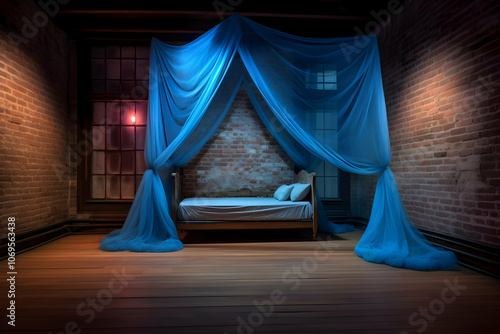 A serene bedroom with a bed draped in blue fabric, creating a cozy atmosphere.