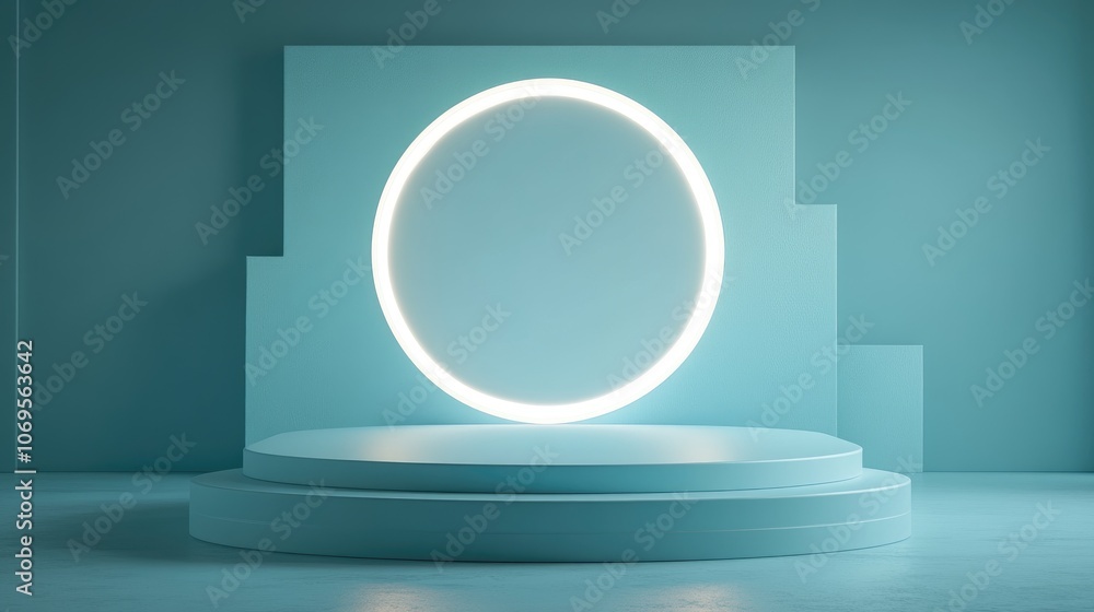 Minimalist Blue Platform with White Glowing Oval Minimalist Blue Platform with White Glowing Oval