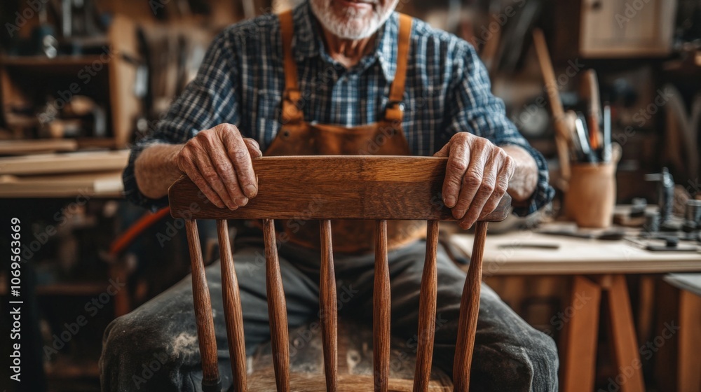 Craftsmans Hands Rest on Wooden Chair in Workshop Craftsmans Hands Rest on Wooden Chair in Workshop