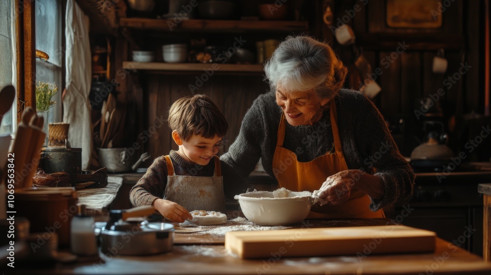 Grandmother and Grandson Baking Together in Rustic Kitchen Grandmother and Grandson Baking Together in Rustic Kitchen