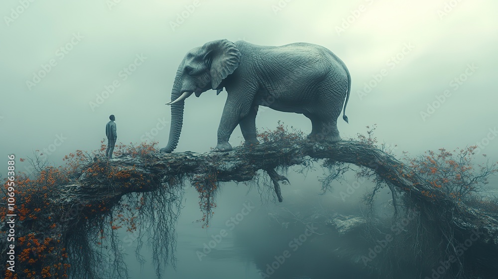 Fototapeta premium A surreal 3D render showing an elephant balancing on a thin branch of a withered tree.