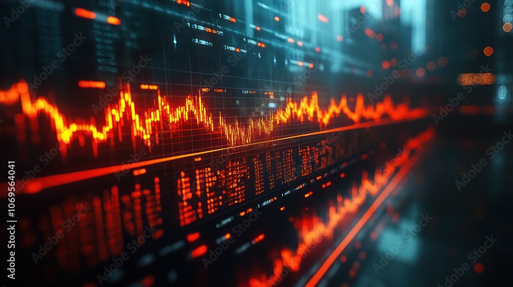 Fototapeta premium A close-up view of a stock market chart displaying a red line representing stock prices, data, and statistics on a digital screen.