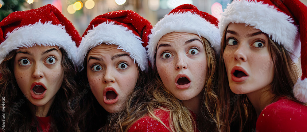 A group of four young women, dressed in Christmas attire and wearing Santa hats on their heads, generative AI A group of four young women, dressed in Christmas attire and wearing Santa hats on their heads, generative AI